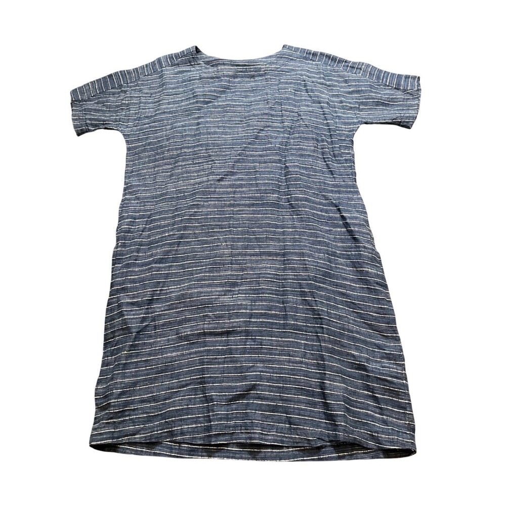 Eileen Fisher Shift Dress Womens XXS Blue Striped Organic Linen Short Sleeve‎